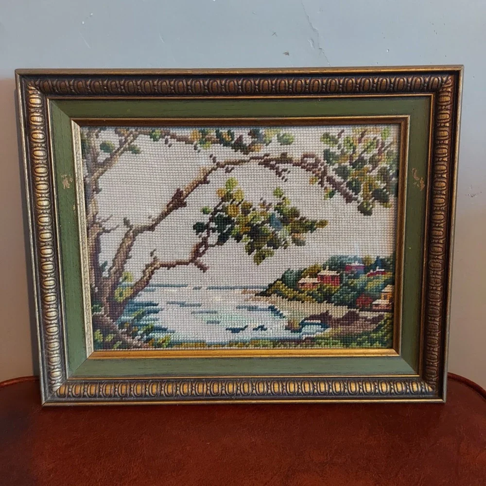 Vintage Needlepoint Coastal Landscape Framed Wall Art 12x15 Green Gold Frame
